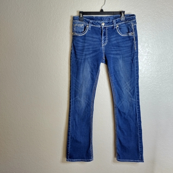 GRACE IN LA RHINESTONE STUDD EMBROIDERED THICK STITCH BOOTcut Jeans Sz 30x31 - Picture 2 of 9